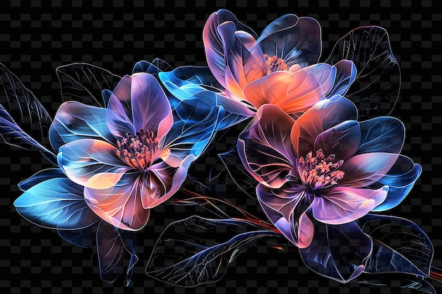 Blumen, die blau und rosa mit lila und orangefarbenen farben gefärbt sind