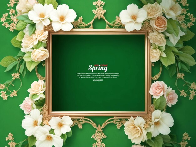 Blumen-Frühling-Einladungskarte mit quadratischem Rahmen mit Blumen und grünem Hintergrund