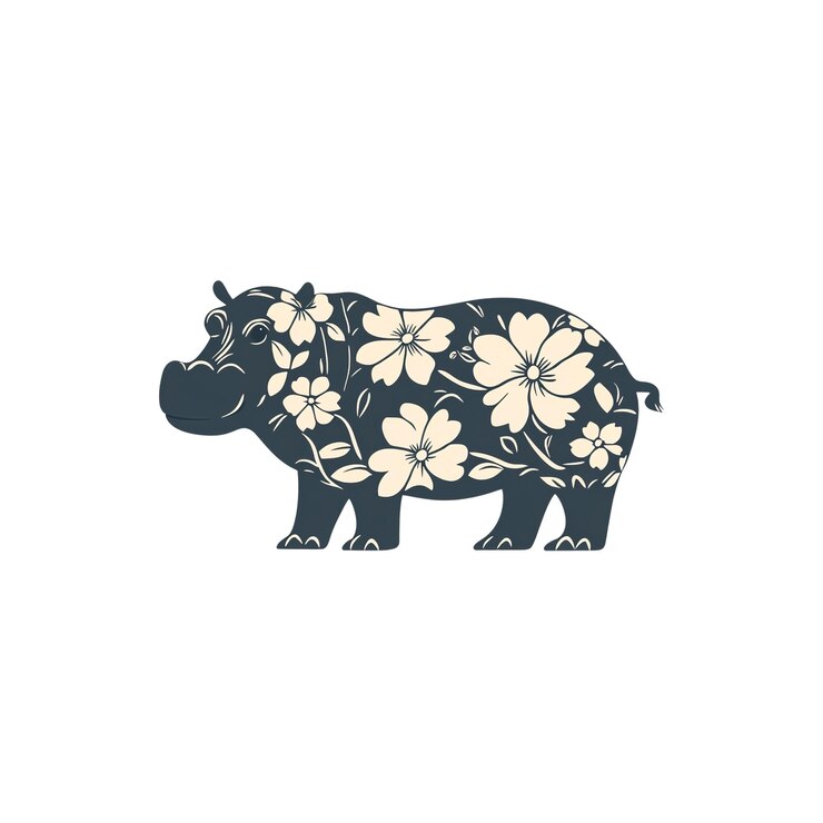 PSD blumen-hippopotamus-silhouette elegantes tier-design mit blüten