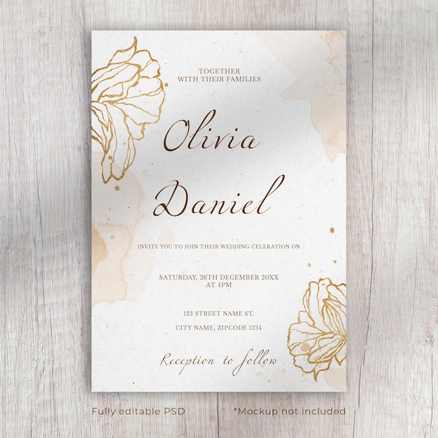 Blumen-hochzeitseinladungsvorlage mit goldener tinte, linearen blumen und aquarell-spritzungen im hintergrund