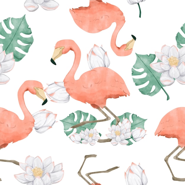 Blumen-Nähtlosmuster mit Flamingo- und Lotusblumen Aquarell-Illustration Bereitschaft zur Vorlage