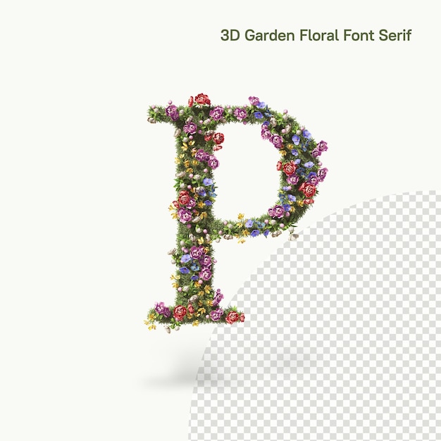 Blumenbuchstabe P des Alphabets, Serif von Blumen und Gartenpflanzen