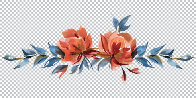 PSD blumengirlanden-vignette mit blauen und orangefarbenen rosen im folk-cottege-trend. aquarellzusammensetzung traditioneller volksrosenblumen und -zweige.
