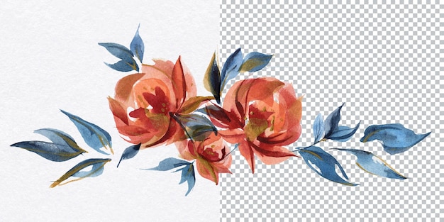 Blumengirlanden-Vignette mit blauen und orangefarbenen Rosen im Folk-Cottege-Trend. Aquarellzusammensetzung traditioneller Volksrosenblumen und -zweige.