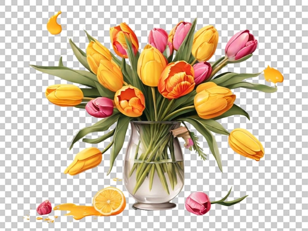 Blumenstrauß von tulpen und mimosen kunstillustration auf durchsichtigem hintergrund