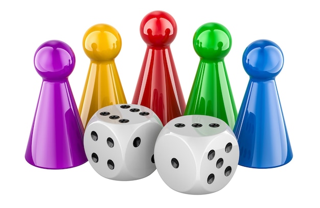 board game pieces and dice 3d rendering isolated on transparent background