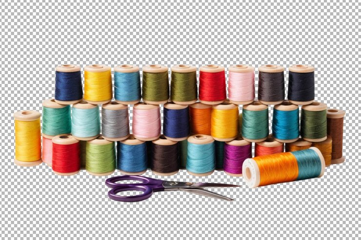 PSD las bobinas de hilo de colores se apilan ordenadamente
