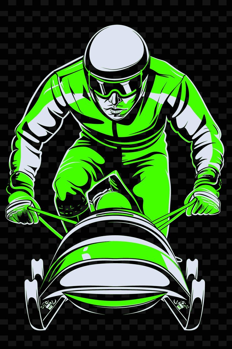 PSD bobsledder empurrando trenó com capacete e espinhos com ilustração powerfu flat 2d sport backgroundl