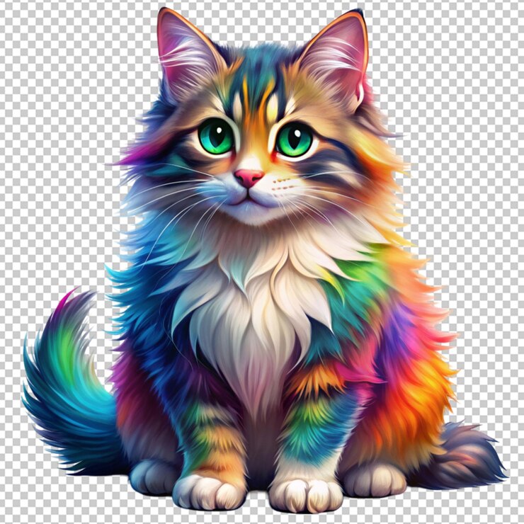 PSD bobtail cat in colorful anime isolated