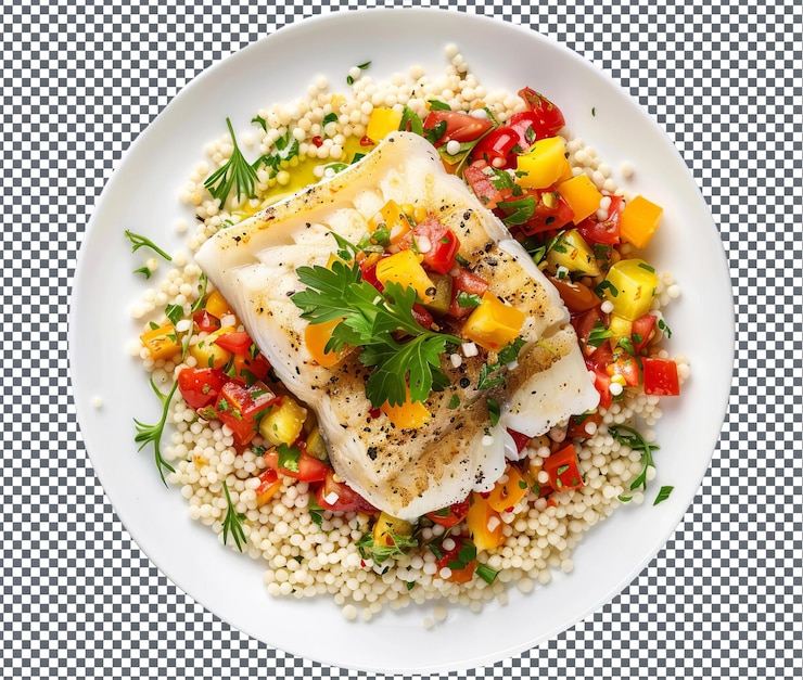 PSD boca de água bacalhau assado com salsa mediterrânea isolado em fundo transparente