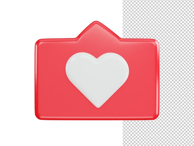 Bocadillo de diálogo con corazón 3d render icono mensaje de amor rojo o redes sociales como notificaciones