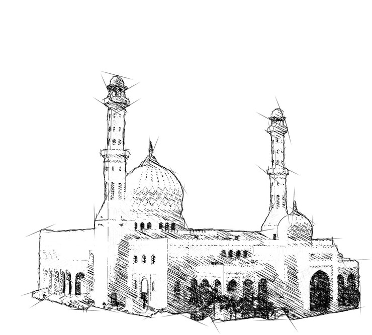 PSD boceto de construcción de la mezquita en perspectiva dibujado a mano