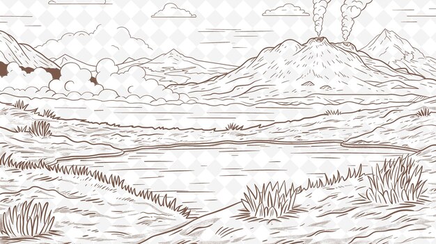 un boceto de un lago de montaña con un río y un paisaje de montaña