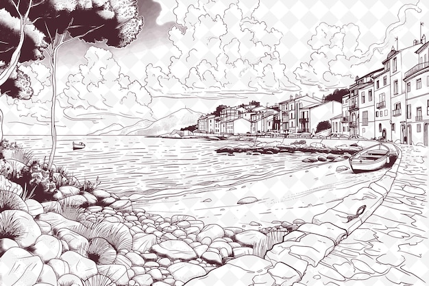 PSD boceto de una playa con casas y una ciudad en el horizonte