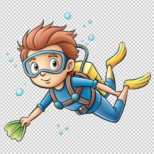 un boceto simple de un niño buceando aislado en un fondo transparente