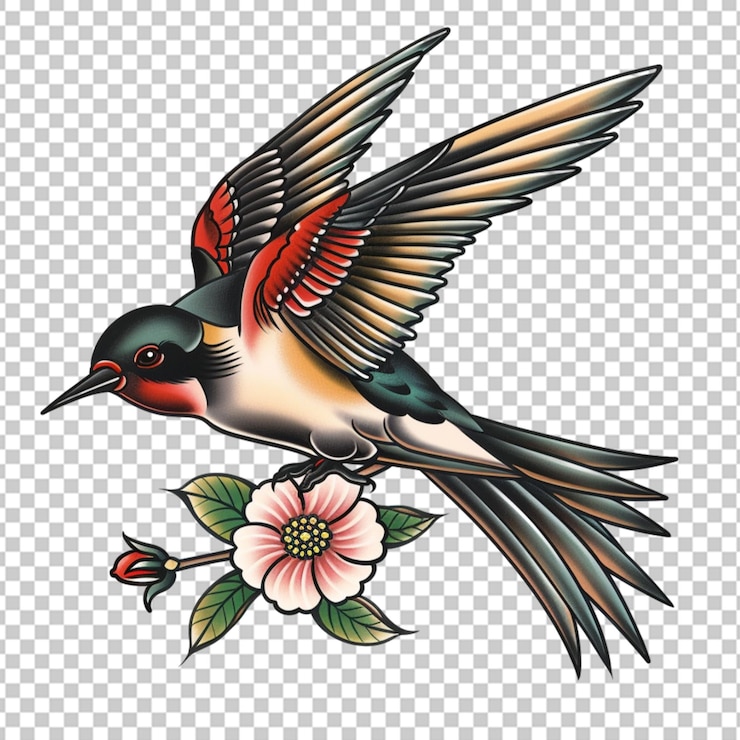 PSD boceto de tinta de golondrina sentada en una rama estilo de grabado dibujado a mano