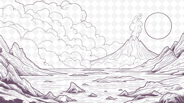 Boceto de un volcán con un fondo de montañas y el mar