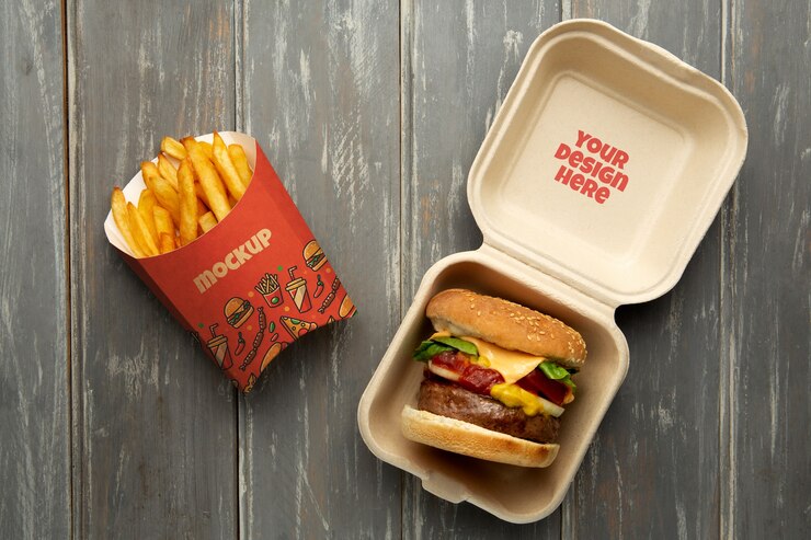 PSD bodegón con maqueta de caja de hamburguesas