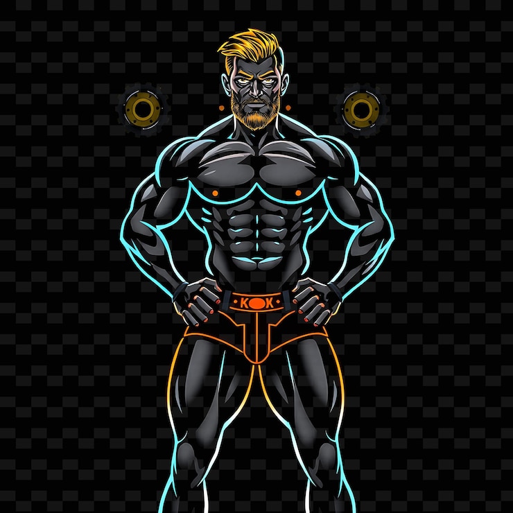 PSD bodybuilder homme en coffre design d'art industriel au néon avec des couleurs métalliques thème décoré avec ge