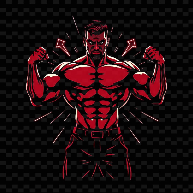 PSD bodybuilder en pose avant design de bande dessinée au néon avec un thème de couleur rouge et noir intense décoré