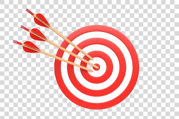 Bogenschießen-Ziel mit drei Pfeilen isoliert auf weißem Hintergrund Dartscheibe und Bullseye 3D-Rendering
