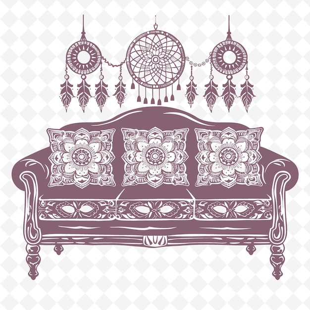 PSD bohemian sofa outline mit mandala-muster und dreamcatcher illustration dekor motive sammlung