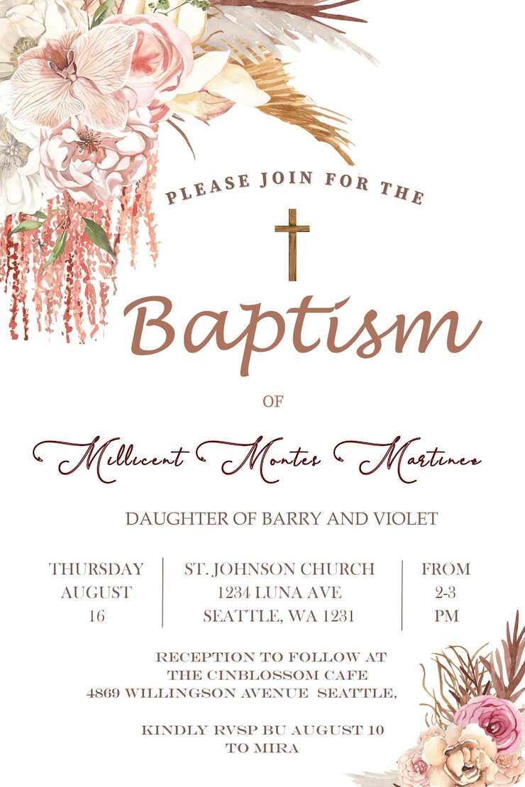 PSD boho floral modern and elegant warm baptism invitation