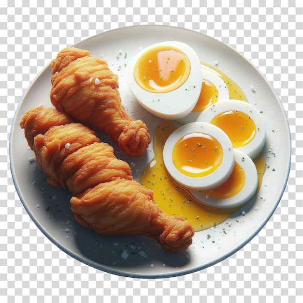 PSD boiled egg slice and fried chicken on a plate transparent background