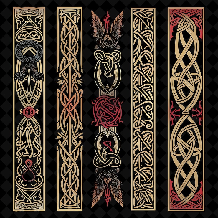 PSD bois sculpté avec des lignes de frontière vikings norvégiennes design de publicité png collections d'art de collage