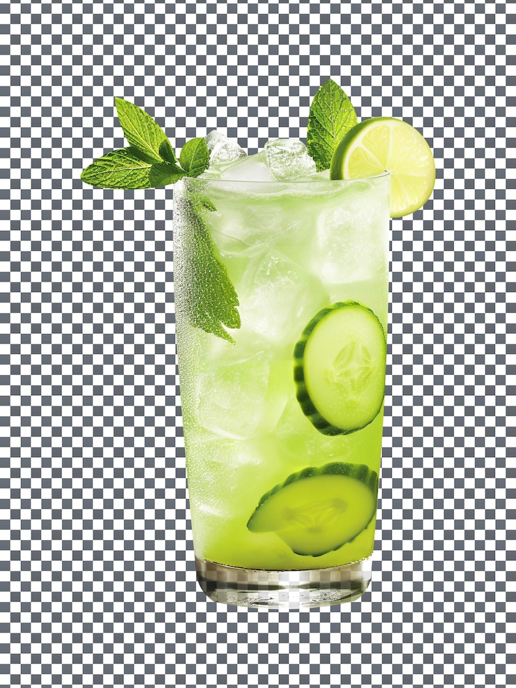PSD boisson fraîche au concombre et au citron vert dans un verre isolé sur fond transparent