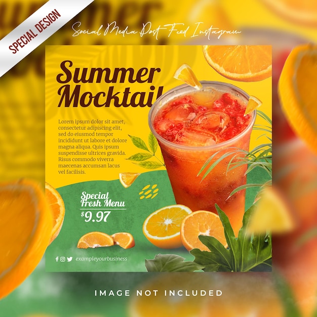 Boisson fraîche d'été nouveau menu spécial mocktail promo restaurant modèle de bannière de publication de médias sociaux
