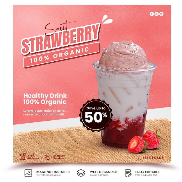 Boisson Sucrée à La Fraise Pour Une Publication Promotionnelle Sur Les Réseaux Sociaux