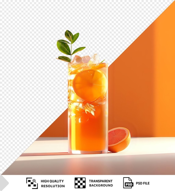 PSD des boissons étonnantes servies sur un fond transparent orné d'une feuille verte et d'un orange sur un mur orange png psd