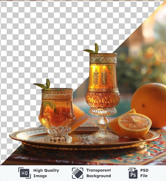 PSD des boissons traditionnelles du ramadan servies sur une table en bois ornée d'une plante verte et d'un vase en verre accompagné d'une orange ronde