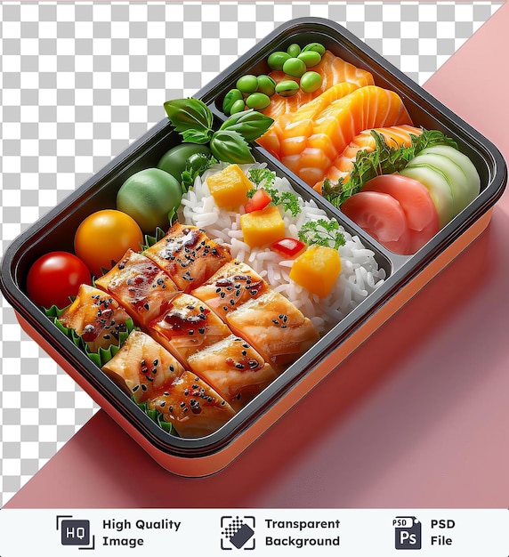 PSD boîte de bento haut de gamme remplie d'une variété de sushis et de légumes, y compris des tomates rouges, du riz blanc et des oranges tranchées