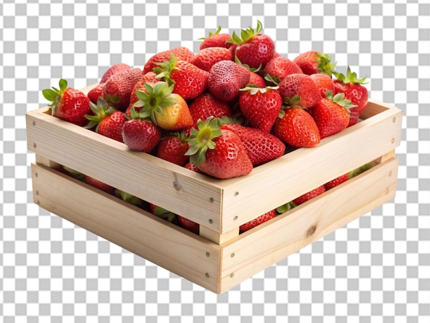 PSD boîte en bois pleine de fraises fraîches isolées sur un fond transparent