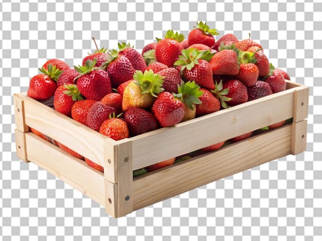 PSD boîte en bois pleine de fraises fraîches isolées sur un fond transparent