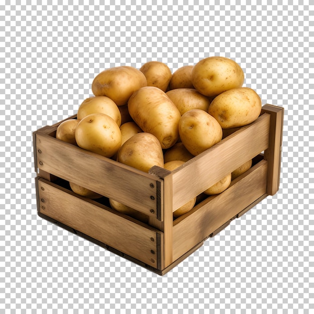 PSD boîte en bois avec des pommes de terre isolées sur un fond transparent