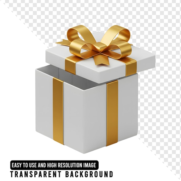 Boîte cadeau blanche ouverte avec ruban doré et éléments décoratifs