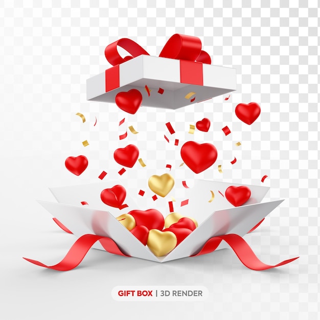 boîte cadeau blanche et rouge rendu 3D avec des cœurs