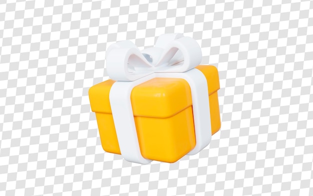 Boîte cadeau jaune 3d avec noeud de ruban blanc sur fond blanc isolé anniversaire de Noël rendu 3d