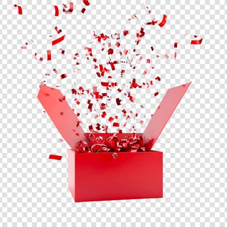PSD boîte cadeau ouverte avec des confettis isolés sur fond blanc