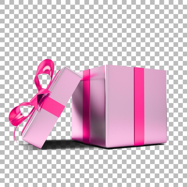 Boîte-cadeau ouverte vierge ou boîte-cadeau avec noeud de ruban rose isolé sur fond de transparence