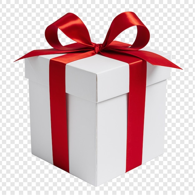 une boîte à cadeaux blanche avec un ruban rouge dessus