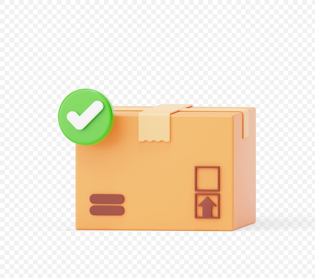 PSD boîte en carton avec coche produit emballage entrepôt approuvé livraison expédition icône signe ou symbole illustration d'arrière-plan 3d