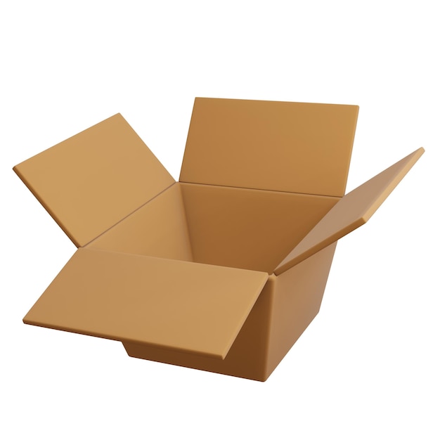 Boîte en carton ouverte 3D isolée sur fond blanc