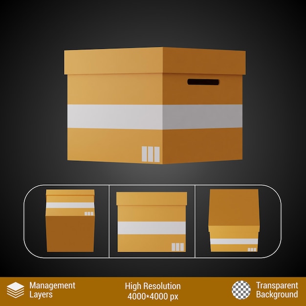 PSD boîte en carton de rendu 3d avec couvercle fermé icône plate perspective vue variée