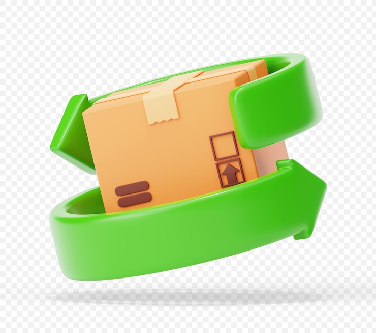 PSD boîte en carton avec signe de colis de retour de flèche recycler le signe ou le symbole d'icône d'expédition de livraison 3d