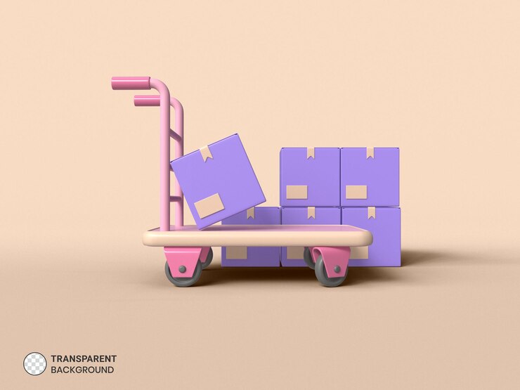 PSD boîte de livraison de colis en carton et icône de chariot illustration de rendu 3d isolée