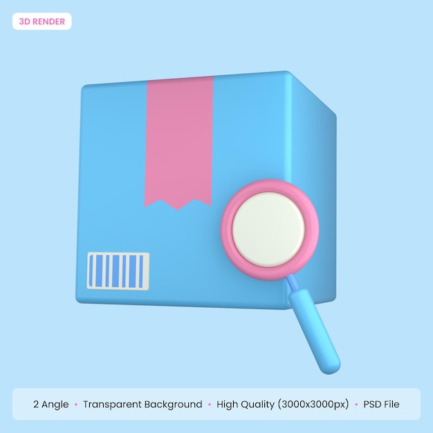 Boîte de livraison avec icône de loupe illustration de rendu 3D